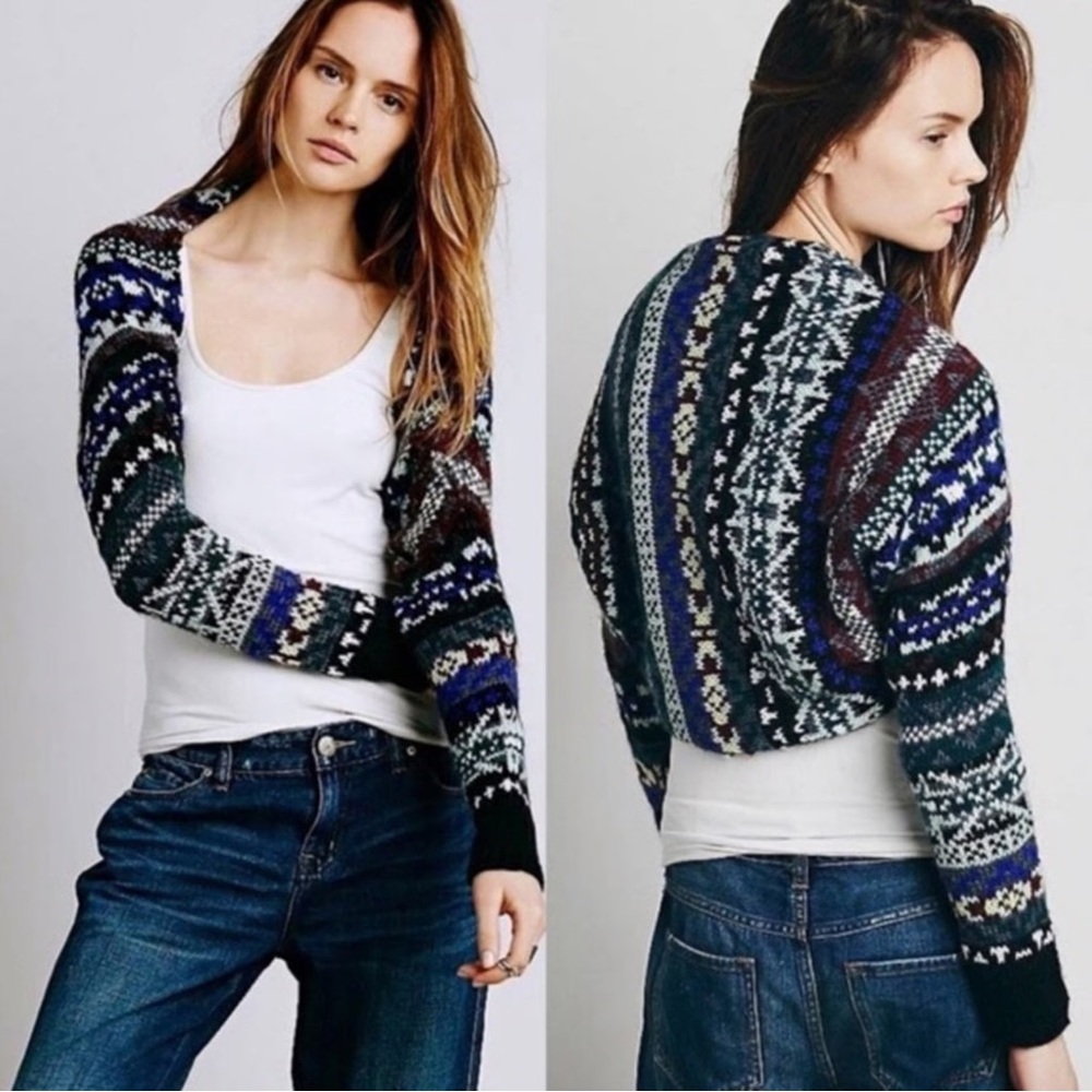 FREE PEOPLE | Mohair Wool Blend Fair Isle Shrug Sweater Lace Lining Burgundy